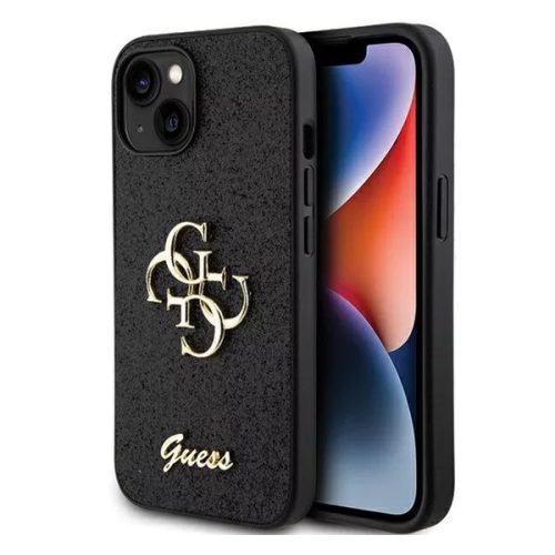 Guess Glitter Script Big 4G Apple iPhone 15 Plus hátlap tok, fekete