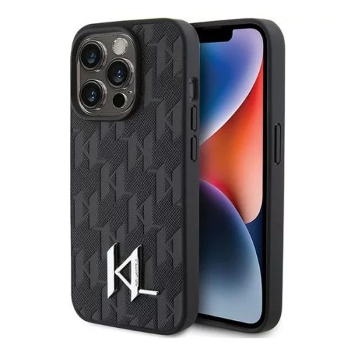 Karl Lagerfeld Leather Monogram Hot Stamp Metal Apple iPhone 15 Pro hátlap tok, fekete