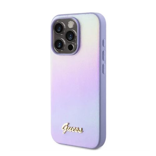 Guess PU Leather Iridescent Metal Script iPhone 15 Pro tok, lila